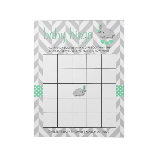 Mint Green and Gray Elephant Baby Shower Bingo Notepad | Zazzle