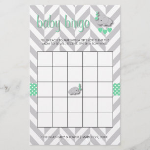 Mint Green and Gray Elephant Baby Shower Bingo Stationery