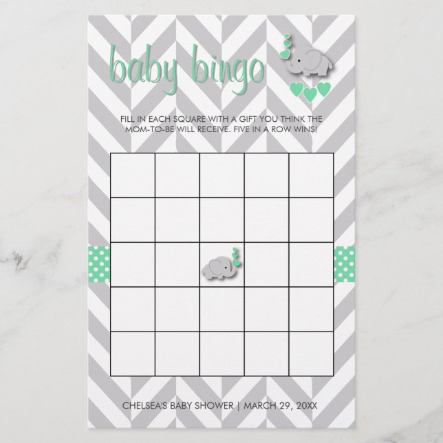 Mint Green and Gray Elephant Baby Shower Bingo Stationery (Front)