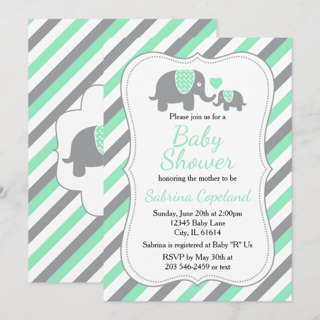 Mint Green and Gray Elephant 🐘 | Baby Shower Invitation (Front/Back)