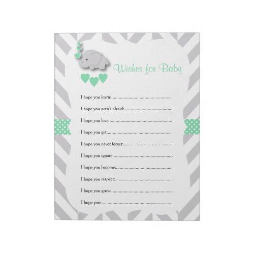 Mint Green and Gray Elephant Baby Shower _ Wishes Notepad