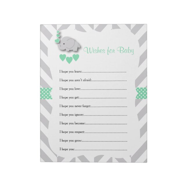 Mint Green and Gray Elephant Baby Shower - Wishes Notepad (Rotated)