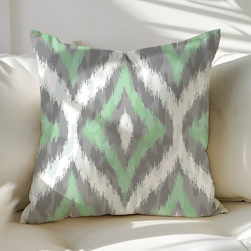 Mint Green And Gray Ogee Ikat Pattern Throw Pillow