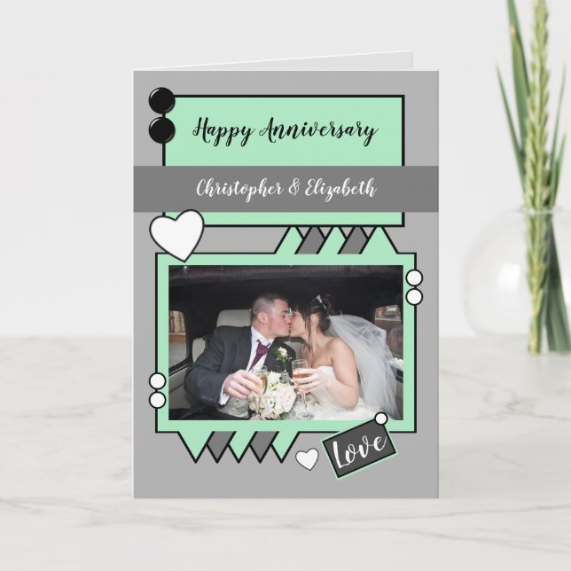 Mint green and gray with photo names anniversary card (Front)