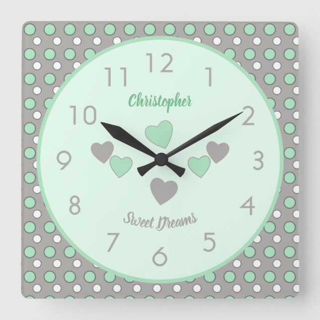 Mint green and gray with polka dots and name square wall clock (Front)