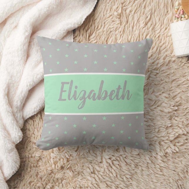 Mint green and gray with stars and a name throw pillow (Blanket)
