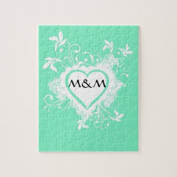 Mint Green And Heart  Monogram Jigsaw Puzzle by monogramgiftz at Zazzle