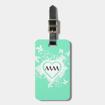 Mint Green And Heart  Monogram Luggage Tag by monogramgiftz at Zazzle
