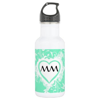 Mint Green And Heart  Monogram Water Bottle by monogramgiftz at Zazzle