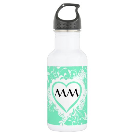 Mint Green And Heart  Monogram Water Bottle
