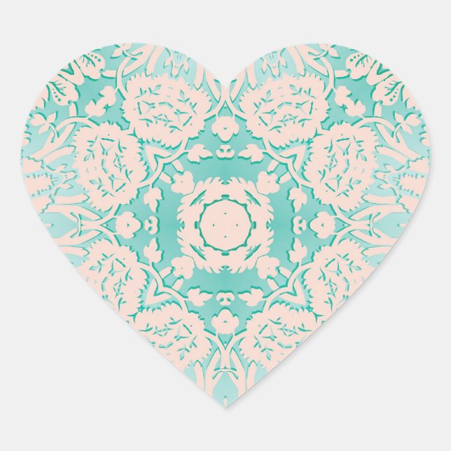 Mint Green and Ivory Embossed Damask Pattern Heart Sticker (Front)
