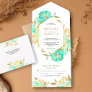 Mint Green and Ivory Gold Floral Bouquet Wedding All In One Invitation