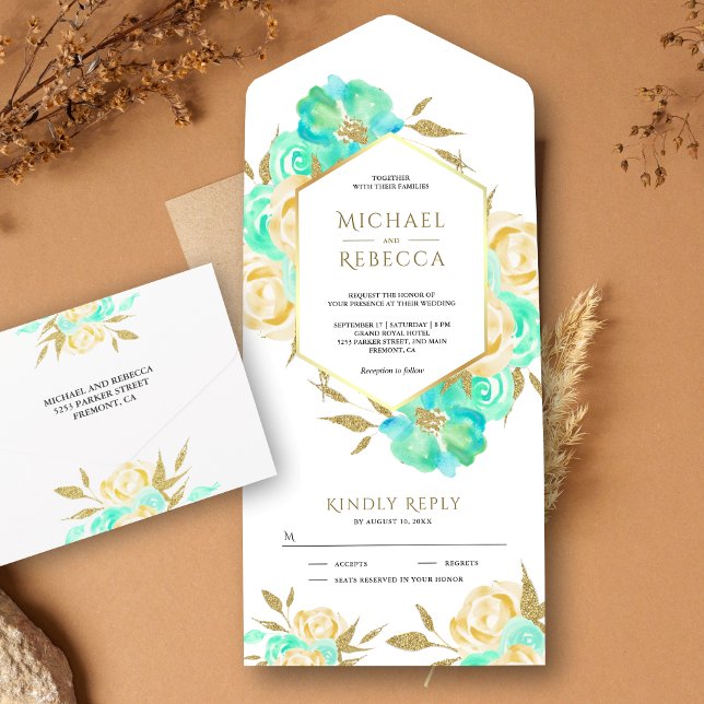 Mint Green and Ivory Gold Floral Bouquet Wedding All In One Invitation (Creator Uploaded)