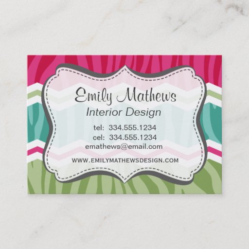 Customizable Mint, Green, and Magenta Pink Zebra Stripes Business Card Template