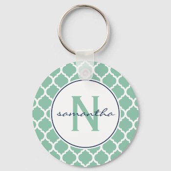 Mint Green And Navy Blue Quatrefoil Monogram Keychain by snowfinch at Zazzle