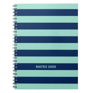 Mint Green and Navy Blue Stripes with Name Notebook