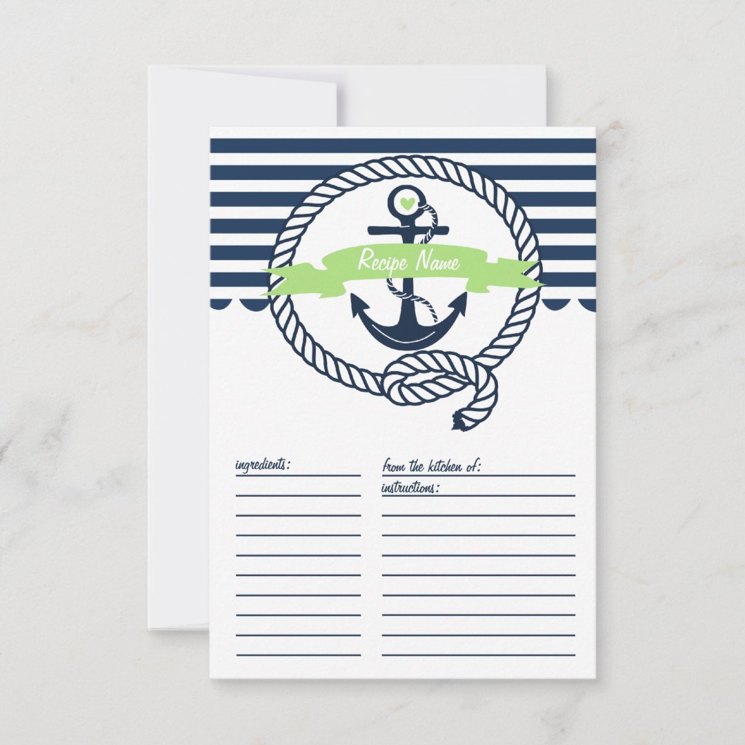 Mint Green and Navy Nautical Stripes Recipe Card Zazzle