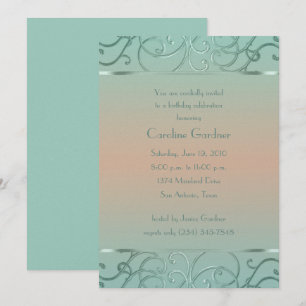 Mint Green and Peach Filigree Border Birthday Invitation