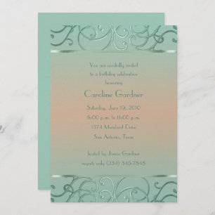 Mint Green and Peach Filigree Border Birthday Invitation