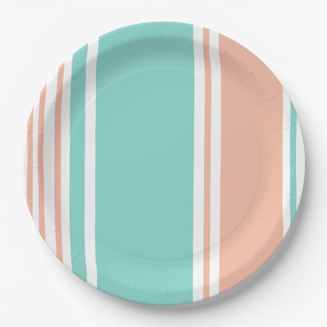 Mint Green and Peach Modern Stripes Paper Plates (Front)