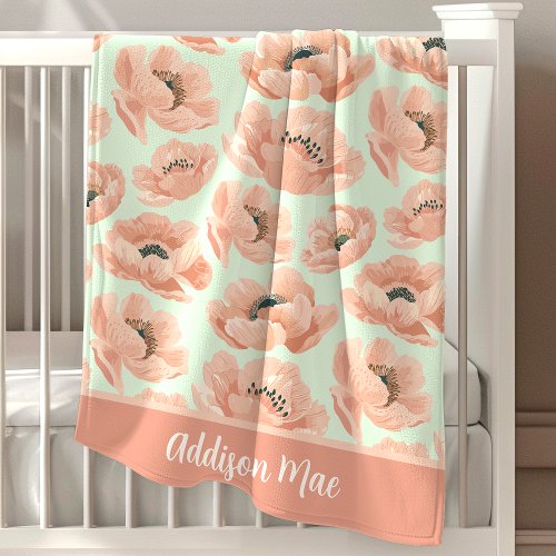 Mint Green And Peach Peony Elegant Floral Baby Blanket