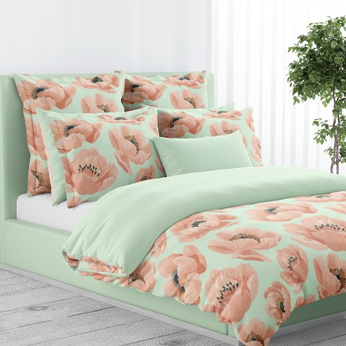 Mint Green And Peach Peony Elegant Floral Duvet Cover