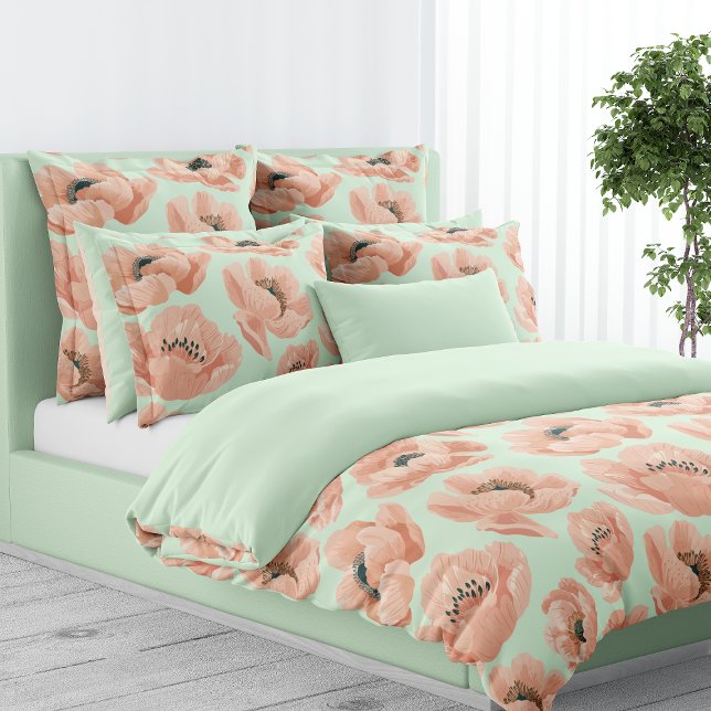 Mint Green And Peach Peony Elegant Floral  Duvet Cover (Creator Uploaded)