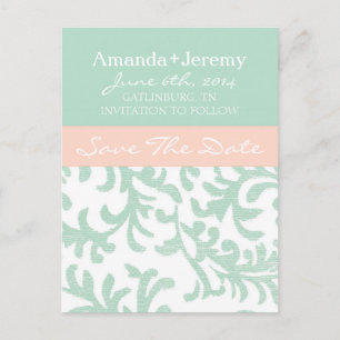 Mint Green and Peach Pink Damask Save The Date Announcement Postcard