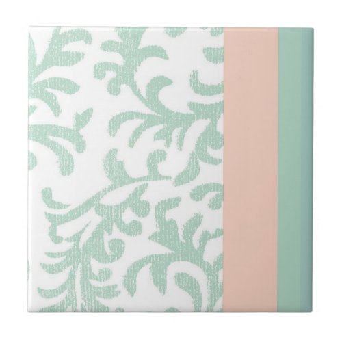 Mint Green and Peach Pink Floral Pattern Ceramic Tile