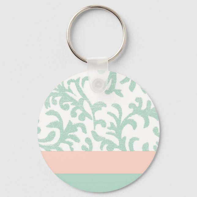 Mint Green and Peach Pink Floral Pattern Keychain (Front)