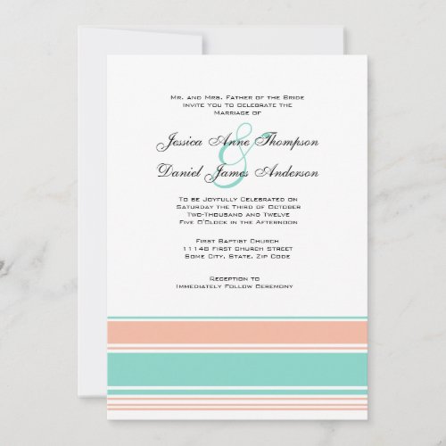 Mint Green and Peach Stripes Wedding Invitation