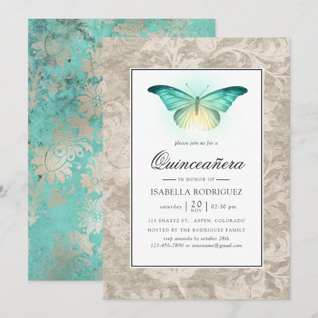 Mint Green and Pearl Damask Quinceañera Invitation (Front/Back)