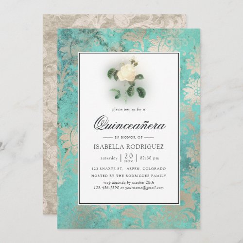 Mint Green and Pearl Floral Damask Quinceaera Invitation