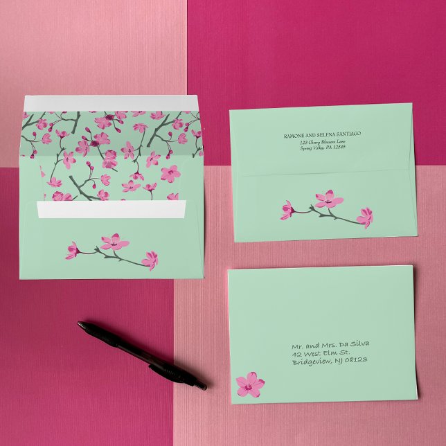 Mint Green and Pink Cherry Blossom Flowers Envelope (Creator Uploaded)