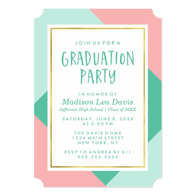 Mint Green And Pink Color Block Graduation Party Invitation