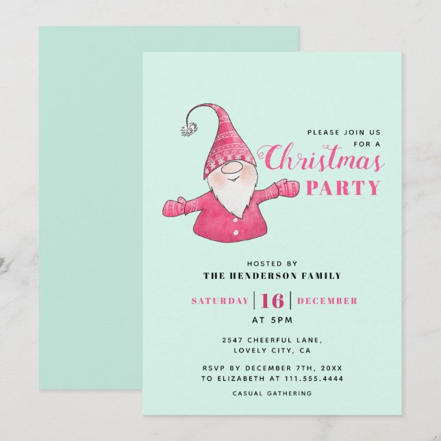 Mint Green and Pink Cute Gnome Christmas Invitation (Front/Back)
