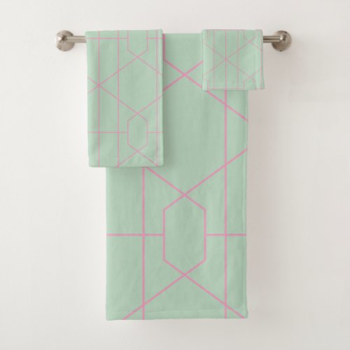 Mint Green and Pink Geometric Lines Pattern Bath Towel Set