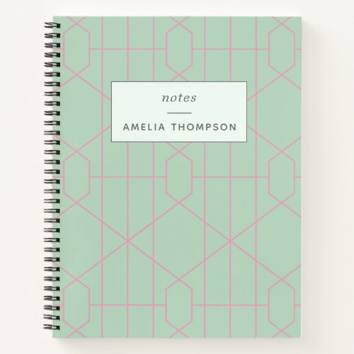 Mint Green and Pink Geometric Lines Pattern Custom Notebook