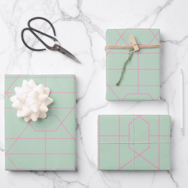Mint Green and Pink Geometric Lines Pattern Wrapping Paper Sheets (Front)