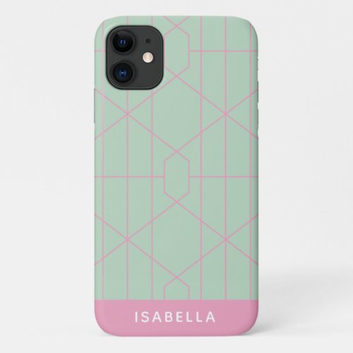 Mint Green and Pink Geometric Lines Personalized iPhone 11 Case