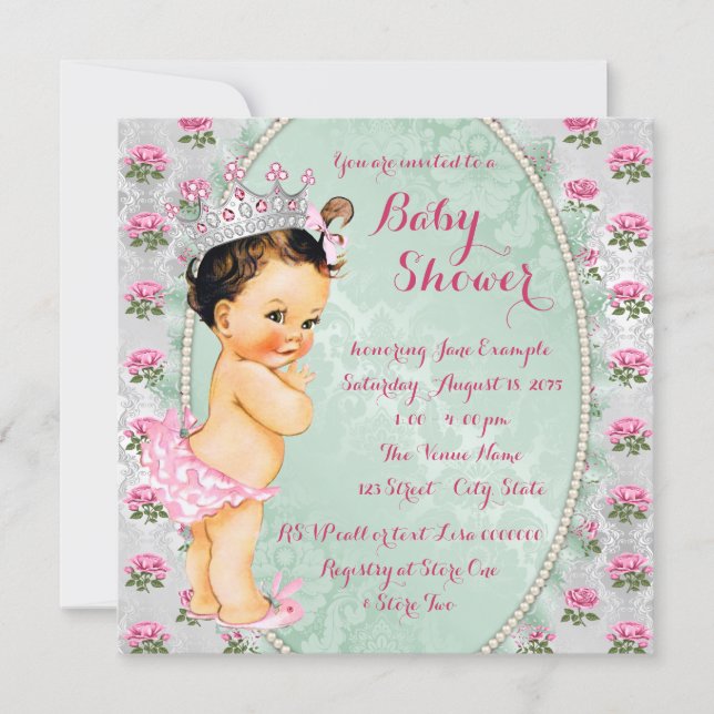 Mint Green and Pink Rose Baby Girl Shower Invitation (Front)