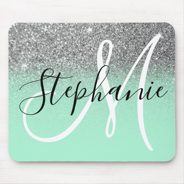 Mint Green and Silver Glitter Ombre Monogram Mouse Pad (Front)