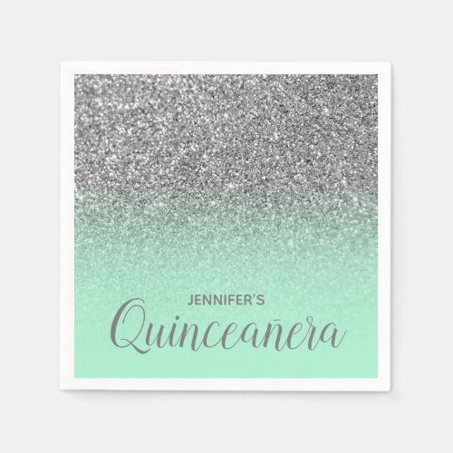 Mint Green and Silver Glitter Ombre Quinceanera Napkins