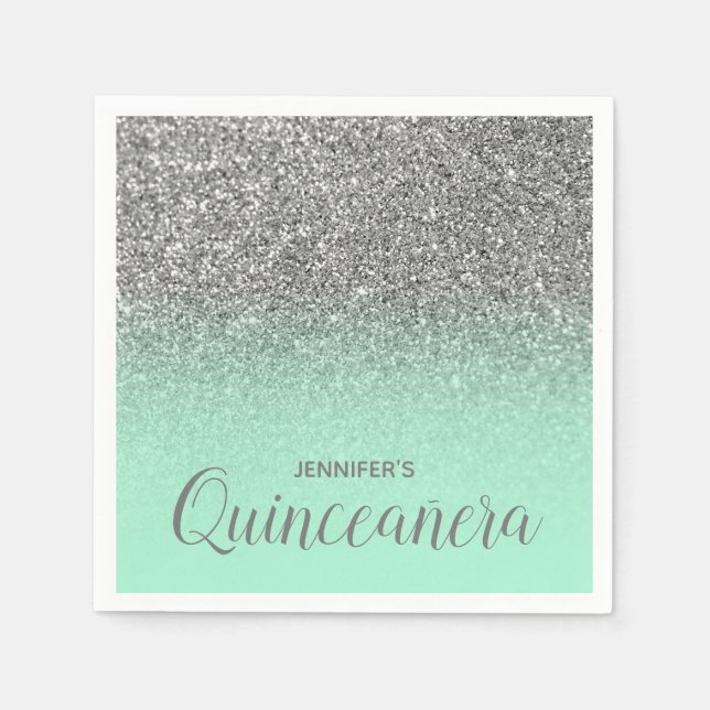 Mint Green and Silver Glitter Ombre Quinceanera Napkins (Front)