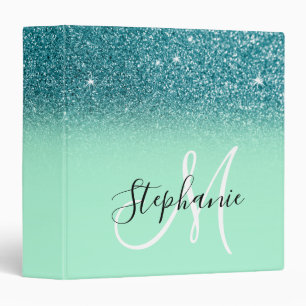 Mint Green and Teal Glitter Ombre Sparkle Monogram 3 Ring Binder