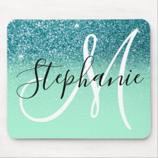 Mint Green and Teal Glitter Ombre Sparkle Monogram Mouse Pad