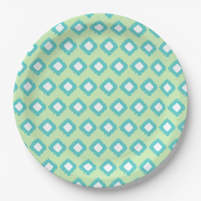 Mint Green and Teal Tribal Ikat Pattern Paper Plates (Front)