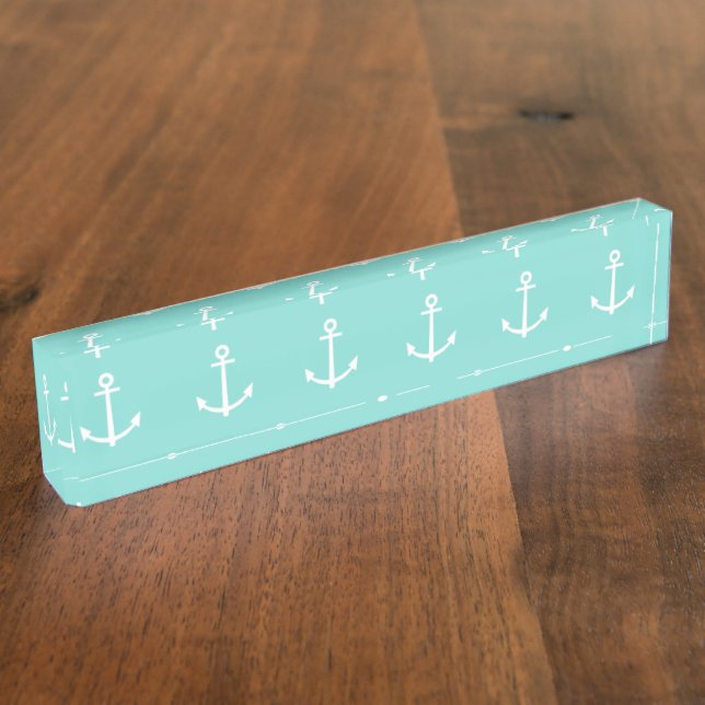 Mint Green and White Anchors Pattern 1 Desk Name Plate (Side)