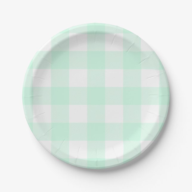 Mint Green and White Buffalo Check Paper Plates (Front)