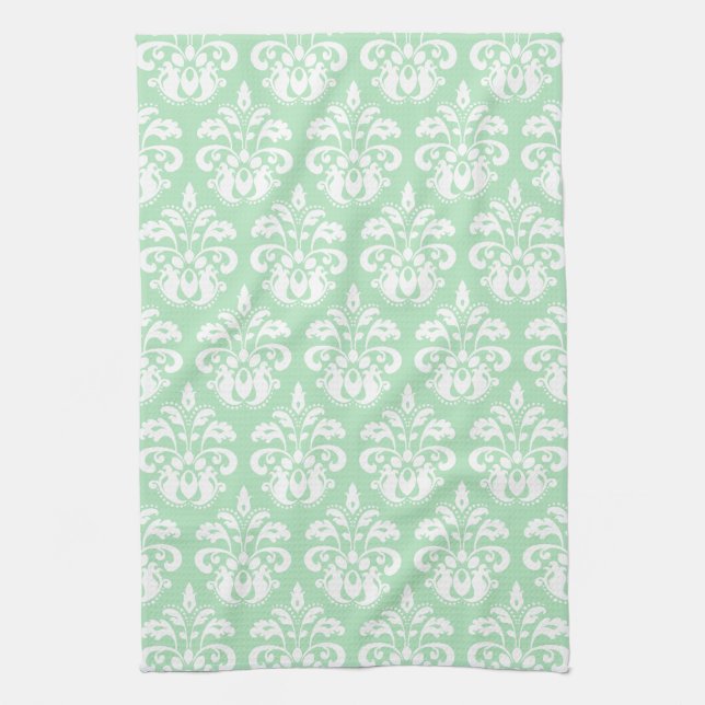 Mint green and white damask kitchen towel (Vertical)